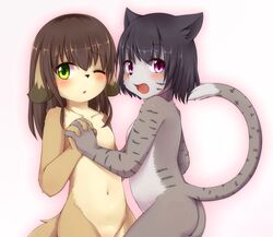 2girls blush borrowed_character brown_hair canine feline furry green_eyes kida_kuro_mu long_hair multiple_girls one_eye_closed open_mouth purple_eyes short_hair