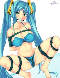 ball_gag blue_eyes blue_hair blush bondage bound bra breasts cleavage female gag handsofmidaz large_breasts league_of_legends long_hair looking_at_viewer panties restrained solo sona_buvelle tied_hair tied_up twintails underwear underwear_only