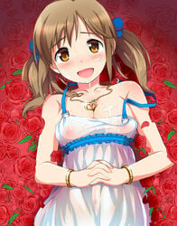 1girls :d bare_shoulders blush bracelet breasts brown_hair cleavage cum cum_on_body dress erect_nipples facial female flower hands_clasped happy heart heart_necklace idolmaster idolmaster_cinderella_girls jewelry long_hair lying natsuya_(natuya777) necklace on_back open_mouth rose smile solo strap_slip sweat tied_hair totoki_airi twintails yellow_eyes