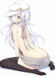 arched_back ass ass_cleavage backless_outfit bare_back bare_shoulders black_legwear blue_eyes blush breasts butt_crack commentary_request dimples_of_venus dress female flat_cap floating_hair full_body grey_sweater halterneck hammer_and_sickle hat hibiki_(kantai_collection) kantai_collection long_hair looking_at_viewer looking_back meme_attire naked_sweater natsu_(natume0504) open-back_dress ribbed_sweater signature silver_hair simple_background sitting small_breasts soles solo star sweater sweater_dress thighhighs turtleneck turtleneck_sweater twitter_username verniy_(kantai_collection) virgin_killer_sweater wariza white_background