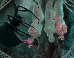 areola bondage breasts curie curie_(fallout_4) fallout fallout_4 female femsub insectophilia interspecies looking_at_viewer multiple_subs nipples piper_wright porcupine_(artist) prisoner restrained spider spider_web suspension uncensored upside_down video_games zoophilia