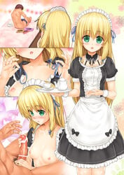 ai_shite!_homun areolae bed blonde_hair blush breasts censored clothed_female_nude_male detached_collar endou_hiroto female green_eyes handjob highres legs long_hair looking_at_viewer looking_down maid maid_headdress nipples no_bra open_clothes original parted_lips penis pubic_hair sequential short_sleeves simple_background sitting small_breasts smile solo_focus standing thighs undressing