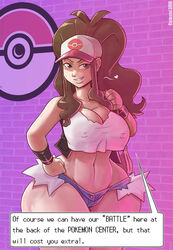 1girls baseball_cap blue_eyes breasts brown_hair carmessi daisy_dukes dialogue english_text erect_nipples female half-shirt hat hilda_(pokemon) human large_breasts offscreen_character pokemon pokemon_bw ponytail prostitute prostitution short_shorts shorts solo spoken_heart standing tank_top text tied_hair wide_hips