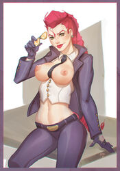 breasts capcom crimson_viper evasolo eyewear_removed female female_only glasses_removed human looking_at_viewer necktie nipples pompadour red_hair solo street_fighter street_fighter_iv sunglasses_removed