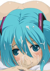 aqua_eyes aqua_hair ass ass_up bed blush cum cum_on_hair facial female hatsune_miku highres legs long_hair looking_at_viewer lying nude on_stomach smile solo teitetsu_kishidan thighs tied_hair twintails vocaloid