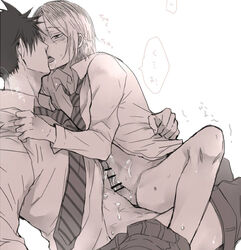 2boys anal bottomless censored chiya_(windingxxxre) cum haikyuu!! kenma_kozume kissing kuroo_tetsurou male_only monochrome multiple_boys penis simple_background testicles yaoi