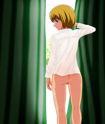 1boy androgynous armin_arlert ass attack_on_titan blonde_hair blue_eyes bottomless c3_piyo curtains femboy from_behind looking_back male male_only see-through shirt short_hair solo testicles uncensored