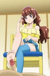 amanogawa_kirara barefoot blue_legwear brown_hair censored clothing earrings feet female femdom footjob go!_princess_precure hairband jewelry legs_crossed long_hair looking_at_viewer nekomimi_kanon panties partial_male penis precure pretty_cure purple_eyes single_thighhigh sitting skirt skirt_lift smile solo solo_focus star star_earrings stockings thighhighs toes underwear