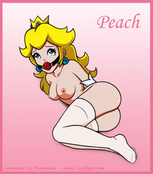 areola arms_behind_back ass ball_gag blonde_hair blue_eyes bondage breasts collarbone crown earrings female gag gagged mario_(series) nintendo nipples nude on_side princess_peach restrained s2x simple_background solo thighhighs