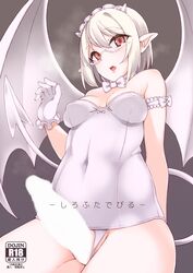 1futa arm_garter breasts cover cover_page crotchless_swimsuit cute_fang demon_horns demon_tail doujin_cover futa_only futanari gloves hair horns intersex landolt_tamaki maid_headdress original penis pointy_ears red_eyes short_hair silver_hair solo swimsuit tail trembling white_gloves wings