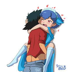 1boy 1girls ;d arm arm_around_neck ash_ketchum ass black_hair blue_dress blue_hair blush carrying clothed_sex clothing dark_gargo dress english female heart hug human human_only kneehighs miette_(pokemon) moaning nintendo no_shoes one_eye_closed open_mouth penetration pokemon pokemon_xy red_eyes satoshi_(pokemon) sex short_blue_hair short_hair smile spread_legs straight text wince