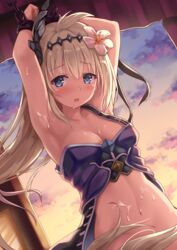 ahoge armor armpits arms_up bangs bare_shoulders blonde_hair blue_eyes blush bondage bondage bound breasts chitori cleavage cloud cuffs cum cum_on_body cum_on_breasts cum_on_stomach cum_on_upper_body dutch_angle eyebrows eyebrows_visible_through_hair female flower granblue_fantasy hair_flower hair_ornament hairband jeanne_d'arc_(granblue_fantasy) long_hair looking_at_viewer navel restrained saliva shackles sky solo stomach white_flower