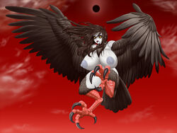 areolae black_sclera breasts feathers female flight green_eyes harpy huge_breasts monster_girl nipples odhiumfree open_mouth paradise_lost talons thick_thighs white_skin wings