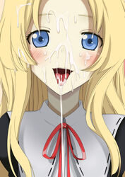 blonde_hair blue_eyes blush character_request cum cum_in_mouth cum_on_hair facial female highres long_hair looking_at_viewer open_mouth smile solo source_request teitetsu_kishidan tongue tongue_out upper_body