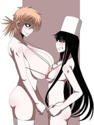 2girls angry asymmetrical_docking bikini black_hair blonde_hair blush breast_envy breast_press breasts busty canon_genderswap catfight cleavage clenched_teeth embarrassed fangs female girlycard hat hellsing hellsing:_the_dawn hellsing_ultimate highres hikora hime_cut huge_breasts large_breasts long_hair micro_bikini multiple_girls parted_lips red_eyes rule_63 seras_victoria short_hair sideboob small_breasts standing strap_gap swimsuit tied_hair twintails vampire voluptuous yuri