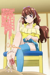 amanogawa_kirara barefoot blue_legwear brown_hair censored clothing cum cum_on_body cum_on_lower_body earrings feet female femdom footjob go!_princess_precure hair hairband jewelry legs_crossed long_hair looking_at_viewer nekomimi_kanon panties partial_male penis precure pretty_cure purple_eyes single_thighhigh sitting skirt skirt_lift smile solo solo_focus star star_earrings stockings text thighhighs toes translated underwear