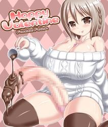 1futa bare_shoulders blush braid breasts brown_eyes brown_hair censored chocolate cleavage fanatic_fetish futa_only futanari hair huge_breasts hyper_penis intersex large_penis penis sitting smile solo solo_futa thighhighs tied_hair tongue tongue_out