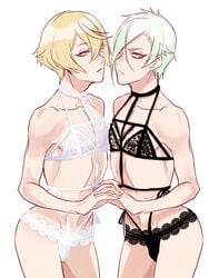 2boys blonde_hair blush bulge green_hair higekiri hizamaru lingerie looking_at_viewer male_only multiple_boys simple_background tagme touken_ranbu underwear zuwai_kani zuwaikani