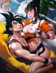 1boy areolae bangs bikini black_hair blue_panties blunt_bangs blush breasts breasts_out chichi cloud cloudy_sky coffee coffee_mug collarbone couple dragon_ball dragon_ball_z earrings eyelashes female food fork hair_bun heart highres jewelry long_hair looking_at_another male meat mug muscles navel nipples open_mouth palm_tree panties sakimichan short_sleeves sitting sitting_on_lap sitting_on_person skindentation sky son_goku spiked_hair straight sweatband tank_top tree underwear wristband