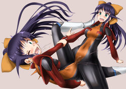 2girls andou_mahoro arm_grab blue_hair blush bodysuit boots bow breasts female female_ejaculation green_eyes hairbow highres long_hair mahoromatic minase_(takaoka_nanase) multiple_girls one_eye_closed open_mouth orgasm ponytail pussy_juice saliva selfcest simple_background sweat takaoka_nanase tears tied_hair tribadism tribadism_through_clothing twintails yuri