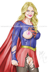 2015 actress armando_huerta blonde_hair blue_eyes breasts cape celebrity clothes dated dc dc_comics female flarrow_universe kara_danvers kara_zor-el large_breasts lips long_hair melissa_benoist nipples pantyhose pussy skirt solo supergirl supergirl_(cw) superman_(series) torn_clothes torn_pantyhose uncensored vagina watermark