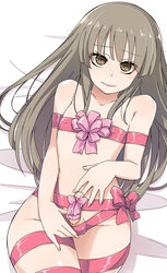 1boy androgynous bow brown_eyes brown_hair crossdressing erect_nipples eyelashes eyes_visible_through_hair highres kinta_(pixiv13253890) long_hair looking_at_viewer lying make-up makeup male_only naked_ribbon on_back original penis penis_ribbon ribbon solo trap valentine wig