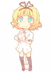 black_legwear blonde_hair blue_eyes blush bottomless cup dress_shirt female full_body hair hair_ribbon hairband holding is_the_order_a_rabbit? mug necktie nekokun peeing peeing_in_cup puffy_sleeves ribbon sharo_kirima shirt short_hair short_sleeves simple_background solo standing tearing_up tears thighhighs uncensored wavy_mouth white_background