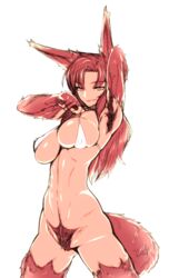 1girls animal_ears armpit_hair armpits bikini_top bottomless breasts brown_hair cowboy_shot erect_nipples female female_armpit_hair female_only fur fur_trim grass highres kagerou_imaizumi kaminari large_breasts looking_at_viewer parted_lips pubic_hair red_eyes red_hair simple_background solo star star_(sky) tail toned touhou white_background wolf_ears wolf_tail