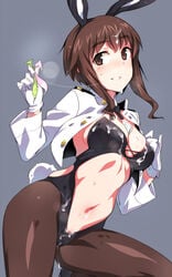 animal_ears black_legwear blush breasts brown_eyes brown_hair bunny_ears bunny_tail cleavage clothing condom cum cum_on_body cum_on_breasts cum_on_hair cum_on_lower_body cum_on_upper_body em em_(totsuzen_no_hakike) facial female gloves looking_at_viewer medium_breasts military military_uniform navel one-piece_swimsuit pantyhose reverse_bunnysuit short_hair sidelocks smile solo strike_witches sweat swimsuit swimsuit_under_clothes tail takei_junko uniform used_condom white_gloves