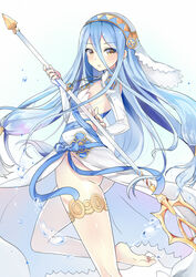 ass azura_(fire_emblem) barefoot blue_hair blush breasts dancer dress elbow_gloves female fingerless_gloves fire_emblem fire_emblem_fates gloves hair_between_eyes hairband highres jewelry kaetzchen long_hair nintendo polearm solo veil very_long_hair water weapon yellow_eyes