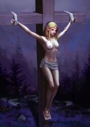 a_link_between_worlds blonde_hair blue_eyes bondage crown crucified crucifixion loincloth nailed_to_cross nails nintendo nipples princess_zelda rope rope_bondage super_smash_bros. suspension the_legend_of_zelda torture zelda_(a_link_between_worlds)