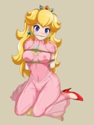 1girls big_breasts blonde_hair blue_eyes blush bondage breasts busty cleave_gag dress gag gagged huge_breasts kneeling mario_(series) nintendo nude photoshop princess_peach pussy shoe sigurdhosenfeld sitting transparent wariza