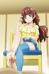 amanogawa_kirara barefoot blue_legwear brown_hair censored clothing cum cum_on_body cum_on_lower_body earrings feet female femdom footjob go!_princess_precure hairband jewelry legs_crossed long_hair looking_at_viewer nekomimi_kanon panties partial_male penis precure pretty_cure purple_eyes single_thighhigh sitting skirt skirt_lift smile solo solo_focus star star_earrings stockings thighhighs toes underwear