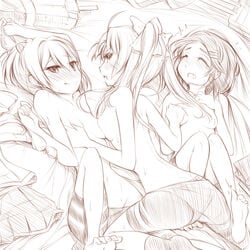 3girls ahoge bare_shoulders barefoot bike_shorts blush breast_press breasts closed_eyes clothes_removed female hair_ornament hair_ribbon hairclip hand_on_breast hands_on_own_chest holding holding_panties kagerou_(kantai_collection) kantai_collection kuroshio_(kantai_collection) long_hair lying monochrome multiple_girls no_gloves on_back open_mouth panties panties_removed ponytail ribbon shiranui_(kantai_collection) short_hair short_ponytail small_breasts symmetrical_docking tied_hair twintails underwear yuri yuriwhale