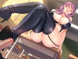 blush boots breasts brown_eyes censored cleavage game_cg garter_belt long_hair mochizuki_nozomu penis purple_hair pussy_juice saimin_class_wonderful thighhighs watase_haruho