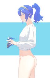 1girls alternate_hairstyle ass bare_thighs big_ass blue_background bottomless brand_of_the_exalt breasts cropped_shirt expressionless female female_only filter fire_emblem fire_emblem_awakening highres holding holding_mask long_sleeves looking_to_the_side lucina_(fire_emblem) mask medium_hair midriff nintendo pomelomelon ponytail small_breasts solo stomach symbol-shaped_pupils thighs tiara variant_set white_background