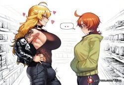 ... 2girls ahoge ai_generated arm_tattoo black-framed_eyewear black_choker blonde_hair blush breasts bulge choker erection erection_under_clothes futanari glasses green_eyes green_jacket grin hands_in_pockets heart hood huge_breasts jacket large_breasts leotard long_hair looking_at_another multiple_girls orange_hair original original_character pants patreon_username purple_eyes rwby short_hair sideboob smile spoken_ellipsis tattoo tillian tilly_(tillian) yang_xiao_long