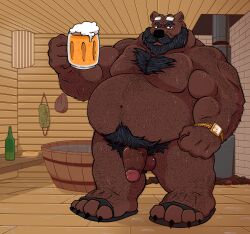 absurd_res age_difference alcohol anthro bear beard beer belly beverage bodily_fluids body_hair borderlinebeast brown_bear bulge clock clothing eyewear facial_hair footwear glasses hi_res male mammal moustache norbert_becker nude nude_anthro older_male overweight overweight_male sandals sauna shoes solo sweat ursine watch