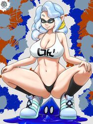 blue_eyes blue_hair breasts cleavage clothes female footwear highres inkling large_breasts long_hair mask navel nintendo panties revtilian shoes sneakers socks solo soubriquetrouge splatoon squatting tank_top underwear