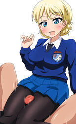 1boy black_legwear blonde_hair blue_eyes blush braid breasts censored darjeeling female girls_und_panzer highres kani_club necktie open_mouth outercourse pantyhose penis school_uniform short_hair skirt smile solo_focus straight sweater thigh_sex thighs tied_hair