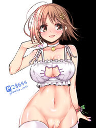 bell bell_choker blush bra bracelet breasts brown_eyes brown_hair cat_cutout cat_lingerie censored choker cleavage_cutout female flower hair_flower hair_ornament highres idolmaster idolmaster_cinderella_girls jewelry jingle_bell meido_yomi mimura_kanako no_panties open_mouth pussy short_hair smile solo thighhighs twitter_username underwear white_bra white_legwear