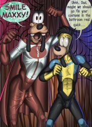 absurd_res age_difference anthro balls_outline black_nose bulge canid canine canis cape clothed clothing costume detailed_bulge dialogue digital_media_(artwork) disney domestic_dog duo english_text erection erection_under_clothing father_(lore) father_and_child_(lore) father_and_son_(lore) fur genital_outline genitals goof_troop goofy_(disney) halloween hi_res holidays image_comics incest_(lore) invincible_(image_comics) looking_at_genitalia looking_at_penis male mammal max_goof open_mouth parent_(lore) parent_and_child_(lore) parent_and_son_(lore) penis penis_outline skinsuit smile son_(lore) speech_bubble standing tail teeth text tight_clothing tongue tush_(artist)