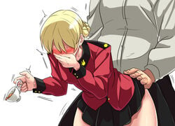 1boy bangs black_skirt blonde_hair blush braid clothed_sex cowboy_shot cup darjeeling faceless faceless_male female girls_und_panzer hand_over_face head_out_of_frame holding implied_sex leaning_forward long_sleeves mimuni362 miniskirt pleated_skirt sex shaking short_hair skirt spilling tea teacup thighs tied_hair uniform white_background