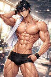 ai_generated anime_face anime_render anime_style arm_raised athletic_briefs athletic_build atmosphere_dust_particles backlight bare_chest bench_press biceps black_boxer_briefs black_wristband blue_eyes blurred_equipment body_oil_effect bodybuilder bright_background bright_eyes broad_shoulders centered_composition cinematic_lighting confident_pose confident_smile cool_shadows dark_blue_hair deep_ab_lines defined_pecs deltoids depth_of_field detailed_shading digital_art dumbbells dynamic_perspective eight_pack fabric_stretch fitness_model flex_pose forearms full_body glistening_skin glossy_body glossy_fabric gym_aesthetic gym_background hair_highlights handsome_face high_detail high_resolution hip_cock huge_shoulders hyper_muscular illustration indoor_gym intense_gaze large_pectorals layered_hair lower_body_visible male male_underwear massive_chest massive_thighs messy_hair morning_light muscular_legs muscular_male narrow_waist neck_jewelry necklace nipples obliques other_hand_in_waistband pendant physique pinup_pose pose_hand_behind_head prominent_veins quad_definition realism_anime_style rim_light ripped_abs sculpted_abs seam_detail semi_realistic serratus_anterior sharp_jawline shine shiny_highlights shirtless shoulder_caps silver_chain skin_specular skin_texture smirk smooth_render soft_bokeh soft_focus_background spiky_hair sunlight_through_windows sweaty_skin thick_arms thick_neck three_quarter_view tight_shorts towel towel_over_shoulder trapezius_muscles triceps upper_body_focus v_taper vascular_arms veiny_biceps veiny_forearms veiny_thighs waistband warm_highlights water_sheen weight_room wet_fabric wet_skin white_towel wide_lats window_light wrist_strap wristband youthful_masculine