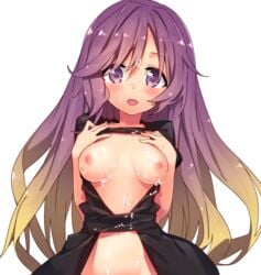 black_dress blonde_hair breasts bukkake cum dress female gradient_hair hands_on_own_chest hijiri_byakuren long_hair looking_at_viewer multicolored_hair nipples no_bra no_panties open_clothes open_dress open_mouth out-of-frame_censoring purple_eyes purple_hair sash sawayaka_samehada smile solo touhou very_long_hair