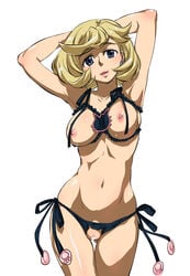 absurdres black_bra black_panties blonde_hair blue_eyes bra breastless breasts cat_cutout cat_ear_panties cat_lingerie censored clothing crotchless cupless_bra earrings female gundam gundam_tekketsu_no_orphans highres jewelry kantamaki_yui merribit_stapleton navel nipples panties pussy side-tie_panties underwear underwear_only