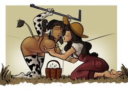 2girls alternate_breast_size animal_ears artist_request asami_sato avatar_legends bangs barefoot black_hair breast_fondling breast_grab breast_milk breast_milking breasts brown_hair bucket canon_couple chocolate_and_vanilla closed_eyes clothing cow_ears cow_girl cow_print cow_tail cowbell dark-skinned_female dark_skin detached_sleeves eyeshadow farm farmer farmgirl female female_only fringe hair hat headgear hucow human human_livestock interracial kneeling korra lactation large_breasts lesbian light-skinned_female lipstick long_hair makeup milking moo_bitch multiple_girls parted_bangs parted_lips pet_play shirt sleeveless sleeveless_shirt source_request stockings straw_hat the_avatar the_legend_of_korra thighhighs water_tribe women_livestock yuri