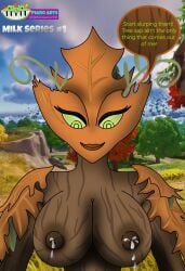 2d 2d_(artwork) autumn autumn_(fortnite) autumn_leaves big_breasts breastmilk breasts breasts_out encouraging_viewer female fortnite lactating lactation leaf piano1738 smile tree tree_girl wooden_body