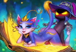 ai ai_assisted ai_generated aisei book cat_ears cat_girl cat_tail catgirl couple couple_sex doggy_style furry furry_female furry_male glowing_eyes heart heart_symbol laying_on_stomach league_of_legends league_of_legends:_wild_rift male shortstack veigar yordle yuumi_(lol)