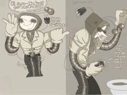 antennae_(anatomy) big_penis boner boner_in_pants boner_under_clothes deltarune embarrassed erection erection_under_clothes erection_under_clothing gloved_hands hiding_erection involuntary_erection jacob's_ladder letttusse masturbating masturbation nervous penis precum precum_on_penis public_bathroom robot_humanoid robot_penis tail tenna_(deltarune) text tv_head